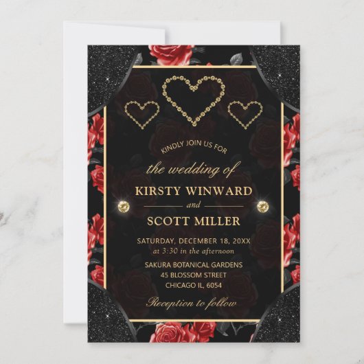 Invitation Mariage Black & Red Rose Pattern & Diamants Dorés (Devant)