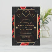 Invitation Mariage Black & Red Rose Pattern & Diamants Dorés (Debout devant)