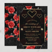 Invitation Mariage Black & Red Rose Pattern & Diamants Dorés (Devant / Derrière)