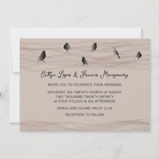 Invitation Mariage Black Rose Blush Delicate Lines Birds (Devant)