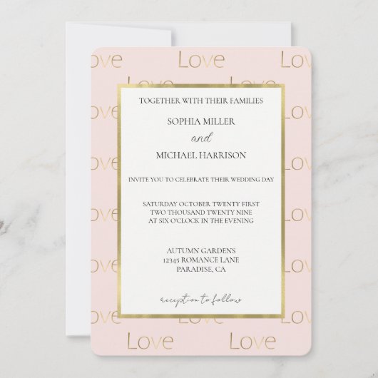 Invitation Mariage Blanc Amour Or Rose Pâle (Devant)