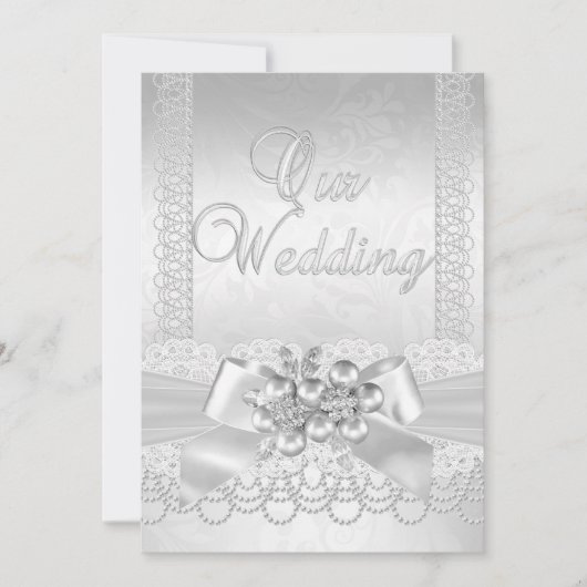 Invitation Mariage blanc argent perle dentelle Damask Diamond (Devant)