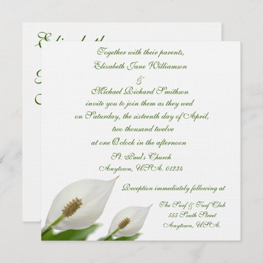 Invitation Mariage blanc aux fleurs de Calla Lily (Devant / Derrière)