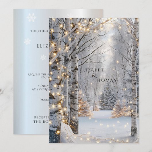 Invitation Mariage Blanc Birch Arbres Neige Jolies lumières (Devant / Derrière)