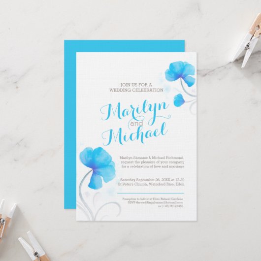 Invitation Mariage blanc bleu fleur sauvage Aquarelle (Devant/Arrière en situation)