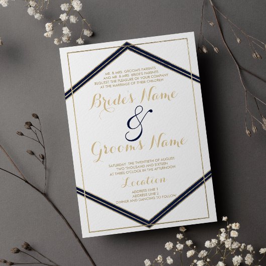 Invitation Mariage blanc bleu marine géométrique