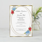 Invitation Mariage Blanc Bleu Rouge Fleurs or Élégant (Debout devant)