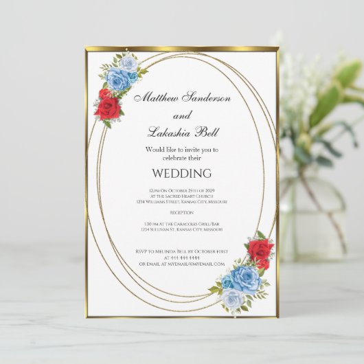 Invitation Mariage Blanc Bleu Rouge Fleurs or Élégant (Debout devant)