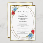 Invitation Mariage Blanc Bleu Rouge Fleurs or Élégant (Devant / Derrière)