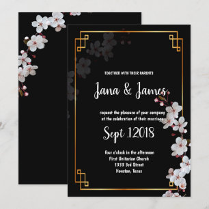Invitation mariage blanc cerise et cadre doré