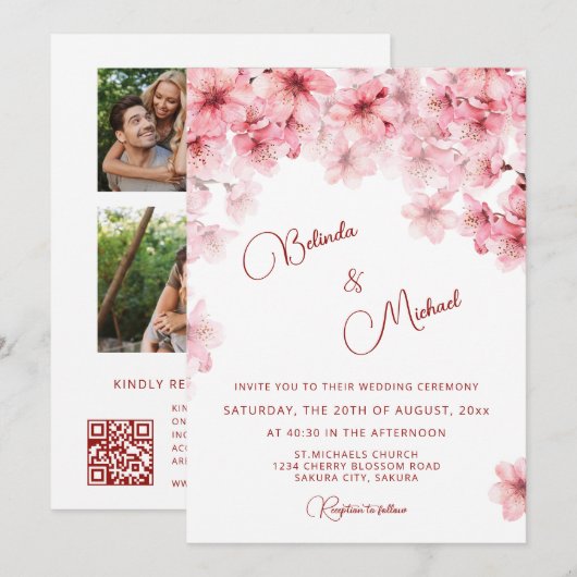 Invitation Mariage Blanc Cerisier Fleurissant (Devant / Derrière)