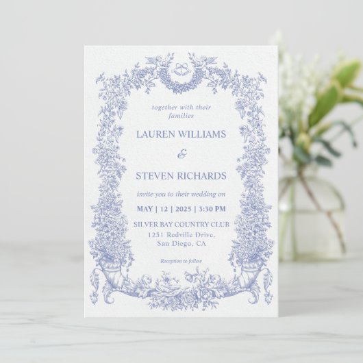 Invitation Mariage blanc clair bleu baroque (Debout devant)