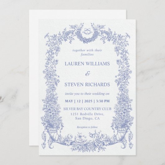 Invitation Mariage blanc clair bleu baroque (Devant / Derrière)