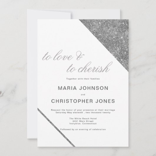 Invitation Mariage blanc classique de luxe avec paillettes ar (Devant)