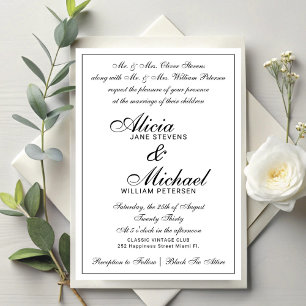 Invitation Mariage blanc classique traditionnel formel vintag