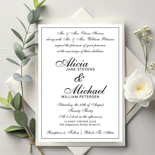 Invitation Mariage blanc classique traditionnel formel vintag