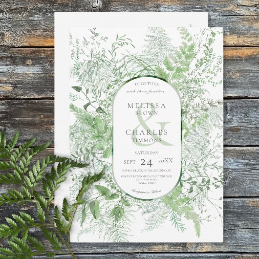 Invitation Mariage blanc de feuillage vert de fougère rustiqu