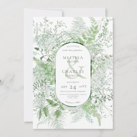 Invitation Mariage blanc de feuillage vert de fougère rustiqu (Devant)