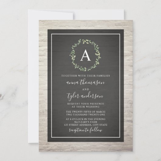 Invitation Mariage blanc de monogramme de guirlande de brique (Devant)