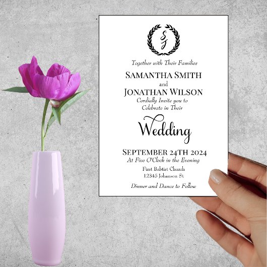 Invitation Mariage blanc de monogramme noir élégant