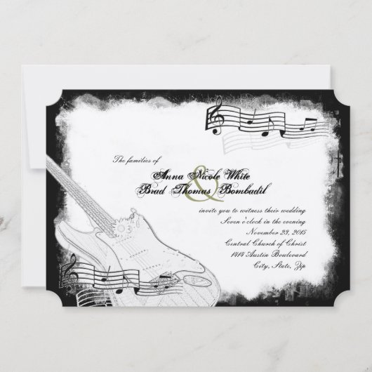 Invitation Mariage blanc de musique de noir génial de guitare (Devant)