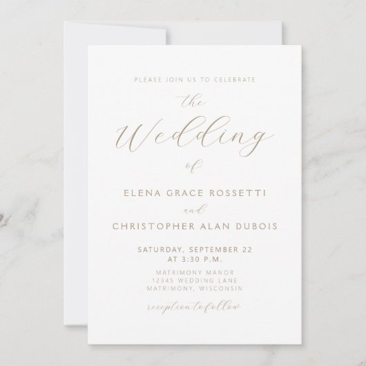 Invitation Mariage blanc de script or moderne (Devant)