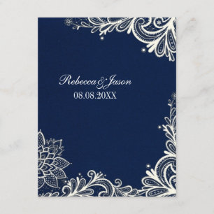 Invitation mariage blanc dentelle vintage bleu marine