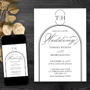 Invitation Mariage Blanc Élégant avec Calligraphie Monogrammé