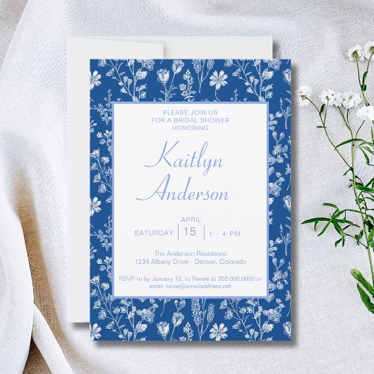 Invitation Mariage Blanc et Bleu de Style Chinoiserie