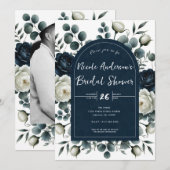 Invitation Mariage Blanc Et Bleu Foncé Moderne Floral (Devant / Derrière)
