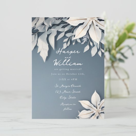 Invitation Mariage blanc et bleu glacé à fleurs d'hiver (Debout devant)