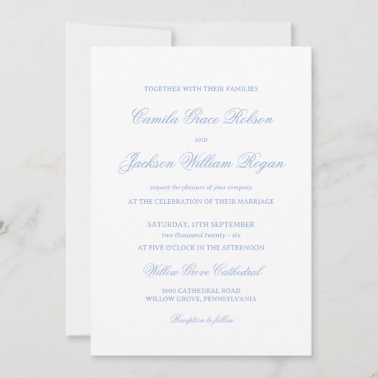 Invitation Mariage Blanc et Bleu Poussière (Devant)