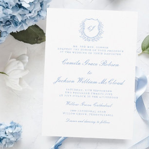 Invitation Mariage Blanc et Bleu Poussiéreux de Style Vintage