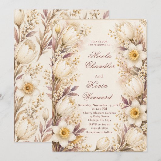 Invitation Mariage Blanc et Champagne (Devant / Derrière)
