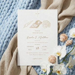 Invitation Mariage Blanc et Coquilles d'Or sur la Côte 