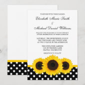 Invitation Mariage blanc et noir de tournesol jaune de polka (Devant / Derrière)