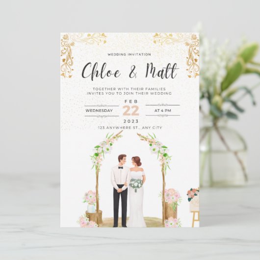 Invitation Mariage blanc et or (Debout devant)