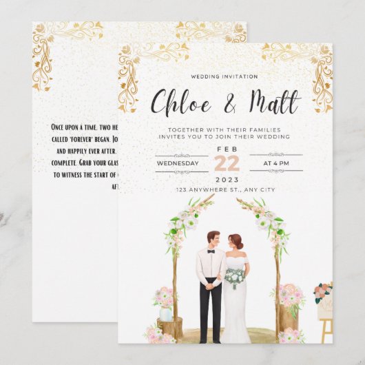 Invitation Mariage blanc et or (Devant / Derrière)