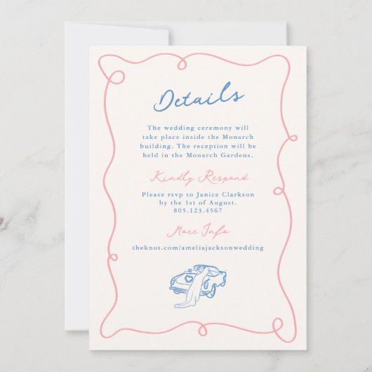 Invitation Mariage blanc et rose et bleu dessiné à la main +  (Dos)