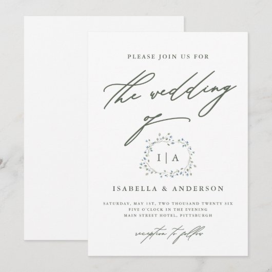 Invitation Mariage blanc et vert rustique de la couronne (Devant / Derrière)