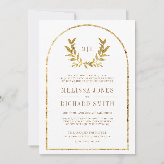 Invitation Mariage blanc Feuille Gold Laurel Wreath (Devant)