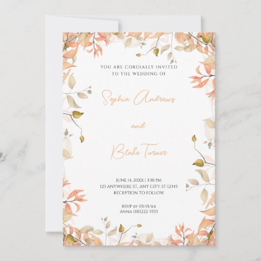 Invitation Mariage blanc Feuille orange et vert (Devant)