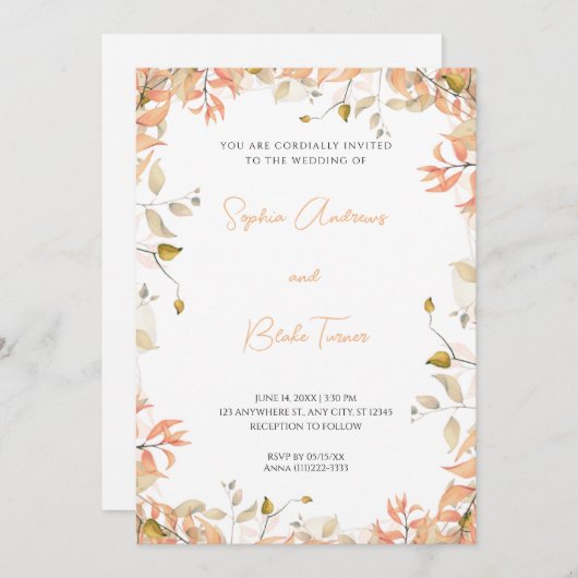 Invitation Mariage blanc Feuille orange et vert (Devant / Derrière)