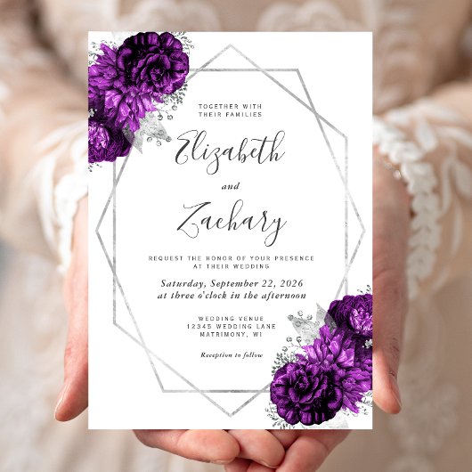 Invitation Mariage Blanc Fleur Argent Plum Pourpre