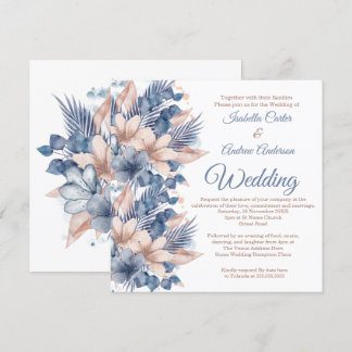 Invitation Mariage Blanc Floral Bleu Rose Beige