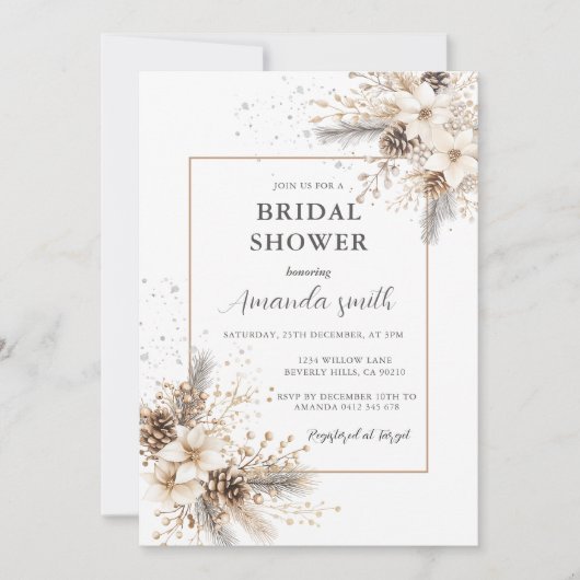 Invitation Mariage Blanc Floral de Noël (Devant)