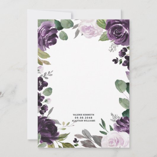 Invitation Mariage blanc floral élégant violet et argenté (Dos)