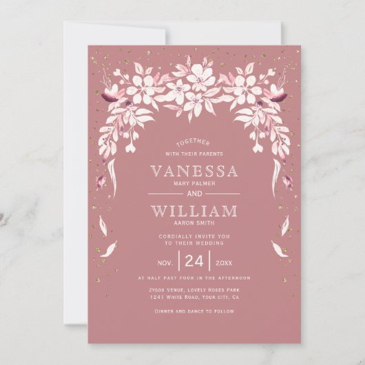 Invitation Mariage blanc floral en cascade garland dusty rose (Devant)