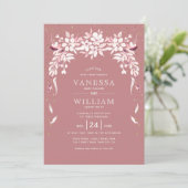 Invitation Mariage blanc floral en cascade garland dusty rose (Debout devant)