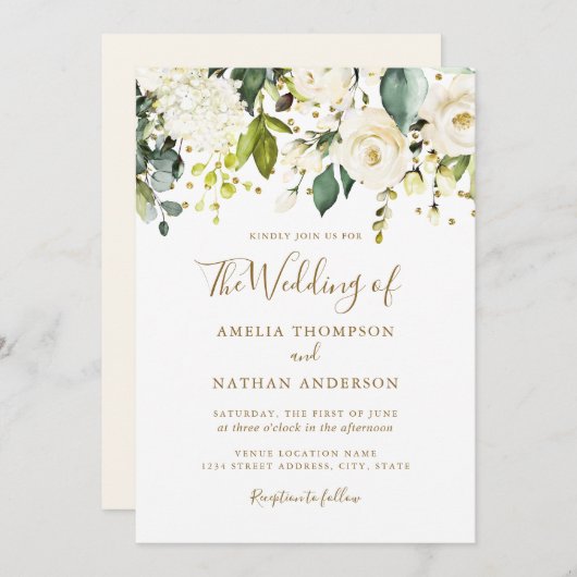 Invitation Mariage blanc floral or Confetti (Devant / Derrière)